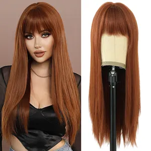 28 Inch Copper Brown Long Straight Wig Heat Resistant High Quality Wholesale Long Straight Synthetic Wig for Women Daily Use