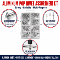 Kit de rivets aveugles à extrémité ouverte, corps en aluminium, mandrin en acier, rivets multi-tailles, norme DIN, plage de préhension 20-500, pour métal et bois