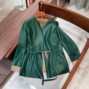 Damen 2026 Frühling Herbst Lammleder-<span class=keywords><strong>Cardigan</strong></span>, Kragenloser Kurzmantel mit Kordelzug an der Taille, Locker Sitzende Jacke - Product Image 3