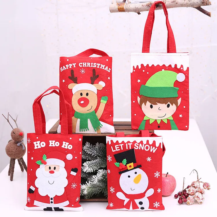 Small Gift Bags Decorative Xmas Felt Gift Bag Appliques Cartoon Factory Wholesale Portable Felt Christmas Unisex OPEN Tote Bag