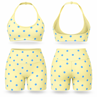 Ensemble de yoga pour femmes avec logo personnalisé, motif à pois bleus, soutien-gorge de sport et short de fitness, tenue de loisirs contrastante