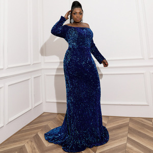 Productos populares al por mayor <span class=keywords><strong>Tallas</strong></span> <span class=keywords><strong>grandes</strong></span> Vestido de noche pequeño con hombros descubiertos para <span class=keywords><strong>mujer</strong></span> con lentejuelas Vestido de talla grande - Product Image 4