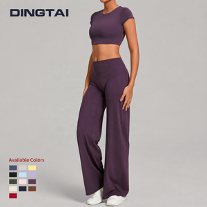 Ensemble 2 pièces <span class=keywords><strong>pour</strong></span> femme : Haut court à manches courtes avec découpe au dos et <span class=keywords><strong>pantalon</strong></span> droit taille haute sans rembourrage, sensation seconde peau, <span class=keywords><strong>pour</strong></span> l'entraînement - Product Image 3
