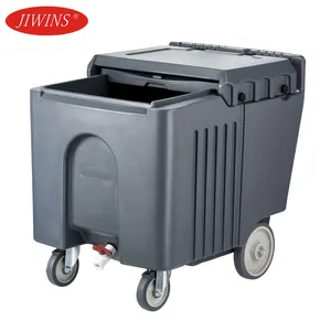 Jiwins NSF Hotel Plastic 110L Insulated Ice Storage Transport Bins Mobile Ice Trolley Cart Sliding Lid Ice Caddy with Wheels