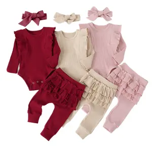 Golden Supplier 3Pcs Newborn Baby Cotton Clothes Onesie Ribbed Long Sleeve Romper Pant Set Clothing Sets