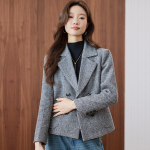 Houndstooth Wool Blazer Women Grey Suit Double Breasted Pocket Design Casual Office Wear - Product Image 3