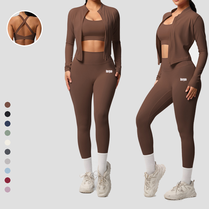 Custom Logo Slim Fit Quick Dry Active Wear 3 Piece Yoga Set for Women Long Sleeve Yoga Set