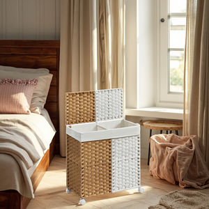 SONGMICS Panier à Linge à 2 Sections avec Couvercle, <span class=keywords><strong>Corbeille</strong></span> en <span class=keywords><strong>Rotin</strong></span> PP Tressé à la Main avec Roues - Product Image 5