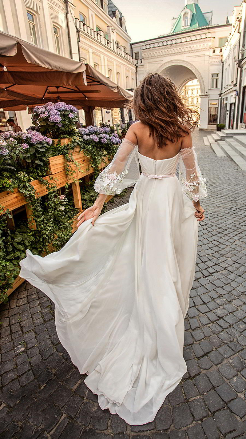 open lace back dress Ivory Tulle Boho Princess A-line V-neck Long Sleeves Wedding Dresses, MW669