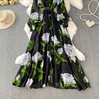 Vacances françaises robe à revers floral printemps automne robe trapèze à manches longues boutonnée pour femmes