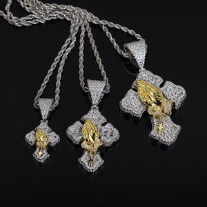 힙합 투톤 실버 & 골드 도금 기도하는 손 CZ 크로스 펜던트 롱 목걸이 소년용 액세서리 구리 보석 - Product Image 4