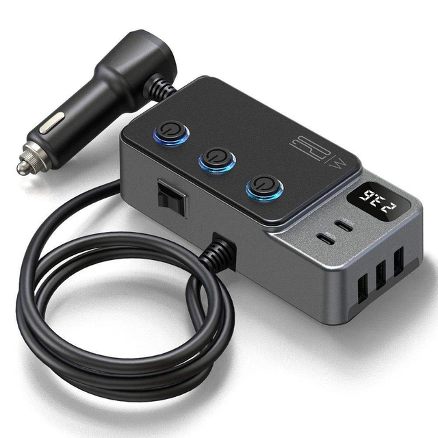 New GC06 Car Cigarette Lighter Splitter 1-to-3 120W Independent Switches 3 USB Ports Supports PD Super-Fast Charging Digital