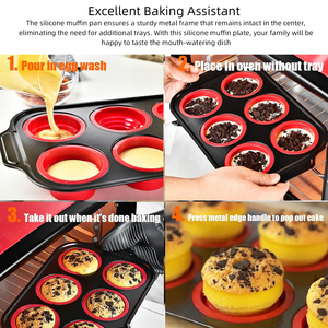 Moule à muffins et gâteaux en silicone avec cadre métallique, 6 cavités, antiadhésif, facile à démouler, sans BPA, pour muffins, pains, gâteaux, œufs en morceaux - Product Image 4