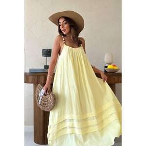 Vestido de muselina amarillo de talla única con tirantes, estilo africano/europeo/americano, largo hasta el suelo, para fiesta de graduación o eventos diurnos, cosido, venta al por mayor - Product Image 4