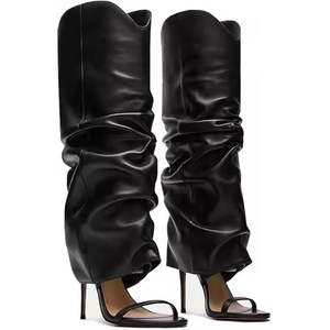 High Quality Women's Shoes Elegant Women's Pleated Upper Sandals Shoes Round Toe Stiletto Heels Over-the-Knee Boots Long <b>Booties</b> - Product Image 1