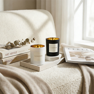 <span class=keywords><strong>Portacandele</strong></span> in <span class=keywords><strong>Vetro</strong></span> Opaco Nero e Bianco da 7oz, Vuoti, con Coperchio, Etichetta Personalizzata, Confezione Regalo per Matrimoni - Product Image 1
