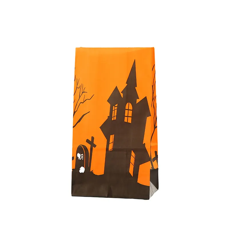 Grosir tas hadiah kertas Kraft Halloween desain kustom tas kertas bungkus permen silang hantu labu pesta saku datar