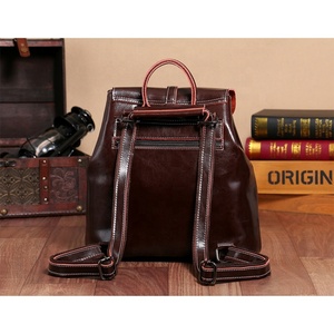 Oil Wax Cowhide Pocket <b>Backpack</b> with Closure Cover Korean Style Leather Large Bag - Product Image 3