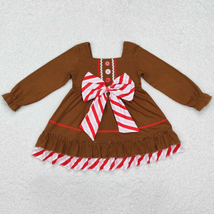 Brown Christmas Girls Dress And 2 Piece Set Candy Cane Striped Big Bow Decor Long Sleeve Children Party Outfit - Product Image 2