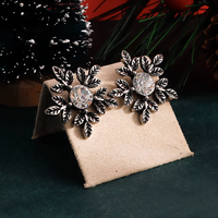 Boucles d'oreilles clous en zircon en forme de feuille de flocon de neige de Noël, en alliage plaqué or et argent, style vintage antique, cadeau de fête, boucles d'oreilles fleur en pierres précieuses pour femme