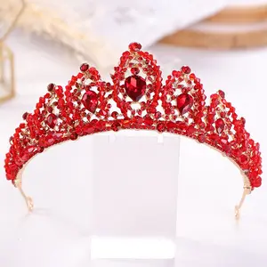 Barokke Rode Strass Bruids Kroon Tiara Handgemaakte Crystal Kostuum Prinses Bruids Hoofddeksel Voor Bruid Bruiloft Haar Accessoires