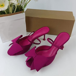 Satin-Feel Bow Embellished <b>Pointed</b>-<b>Toe</b> <b>Mules</b> with Single Strap Quality Elegant Women's Heeled Sandals - Product Image 3