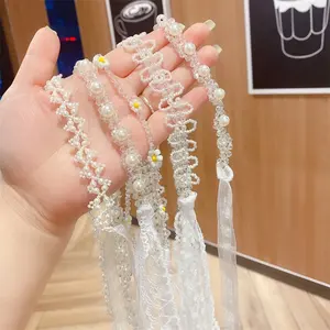 Wholesale Sweet Crystal Pearl Hairband Romantic Beads Flowers Lace Hairband for Long Hair Girl
