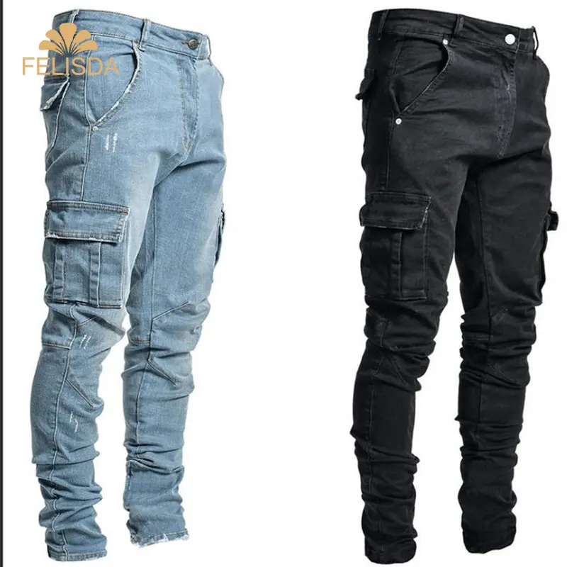 Plus Size Cotton Jeans Men Trousers Casual Multi Pocket Cargo Jeans Man Fashion High Quality Scratched Denim Jeans Pants
