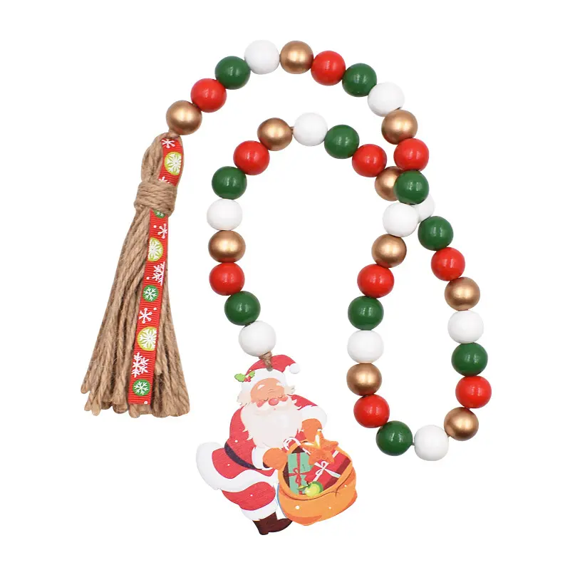 Weihnachten Holz perlen Girlanden Weihnachten Naturholz Perlen Girlande mit Seil Quaste Klassische Rot Grün Perlen Hängende Dekor für Zuhause
