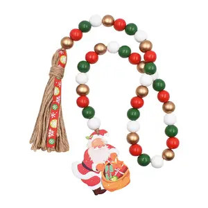 Christmas Wooden Bead Garlands Xmas Natural Wood Bead Garland with Rope Tassel Classical Red Green Beads Hanging Decor for Home