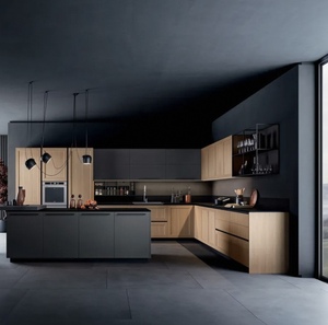 Ensembles d'armoires de cuisine minimalistes en <span class=keywords><strong>bois</strong></span> grainé <span class=keywords><strong>noir</strong></span> mat style Shaker, design contemporain sans poignées, armoires de garde-manger avec îlot - Product Image 1