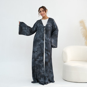 High Quality Muslim Middle Eastern Tie-Dye Pleated Printed Polyester Long Sleeve V Neck <strong>Abaya</strong> <strong>2026</strong> Spring 1121 - Product Image 1