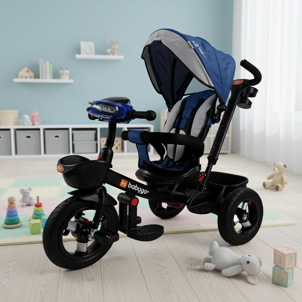 Triciclo de bebé escalable, triciclo infantil, 5 en 1, neumáticos de goma a prueba de explosiones y toldo ajustable y varilla Push-Pull, con cesta y bolsa de almacenamiento (azul