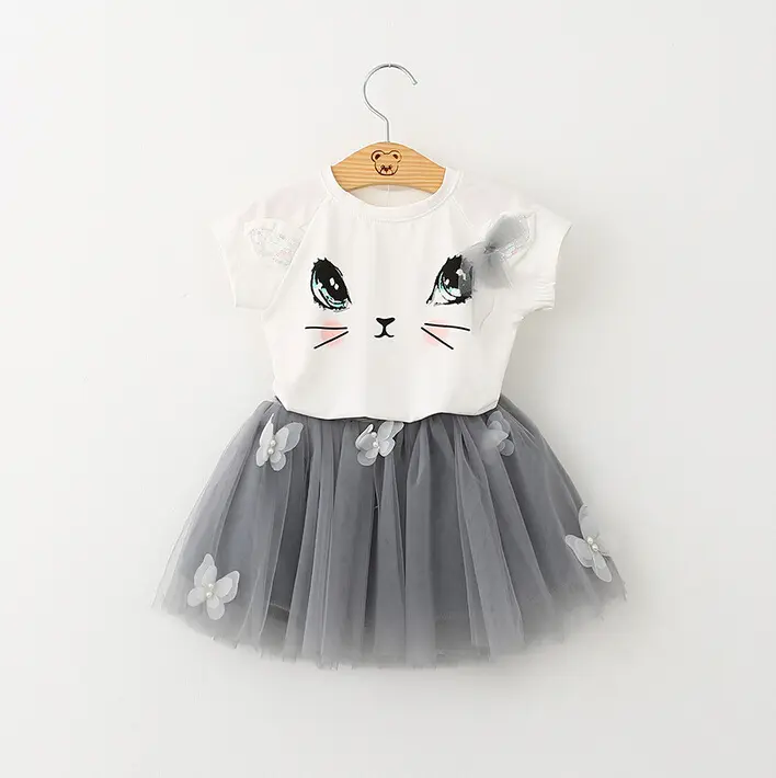 Sumer Baby Girls Dress Children Mesh Cotton Cat Cute Party Princess Dresses Short Sleeve Sweet Clothes