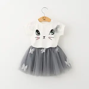 שומר תינוק בנות שמלת ילדי רשת כותנה חתול חמוד מסיבת נסיכת שמלות קצר שרוול מתוק בגדים