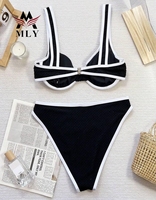Zwarte wafel bikini set met beugels, thong, hoge taille, brede bandjes, contrastbies, push-up, dames badkleding