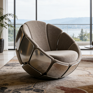 Poltrona Ergonomica a Petalo con Finitura in Metallo Spazzolato, Sedia Imbottita Comoda per Piccoli Spazi, Appartamenti e Uffici - Product Image 2