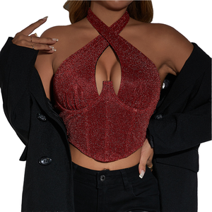 Nouveau à la mode décontracté haut Sexy chaud épicé bouton up arête de poisson dos nu court croix suspendu printemps arc acier anneau Slim Fit - Product Image 1