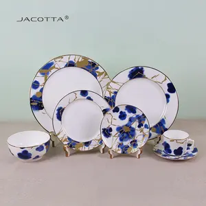 Hot selling gold rim bone china dishes ceramic wedding homeware plates blue flower plates sets dinnerware