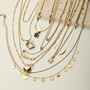 สร้อยคอถักลายกระดูกงูแบบซ้อนชั้น ชุบทอง 18k สแตนเลส ไทเทเนียมสตีล ดีไซน์รูปหัวใจเรขาคณิต เครื่องประดับแฟชั่นสำหรับผู้หญิง - Product Image 1