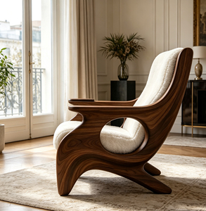 Poltrona Singola Imbottita in Sherpa Bianco con Telaio in Fibra di Vetro Effetto Legno per Interni Residenziali dal Look Mid-century - Product Image 6