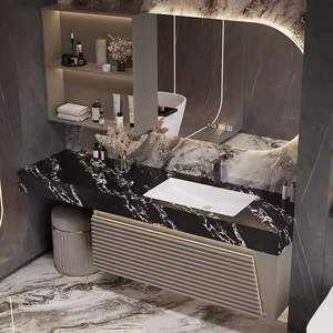 סט אמבטיה מודרני יוקרתי בצבע לבן מבריק עם מגירות אחסון, כיור, מראה ושירותים - Product Image 3