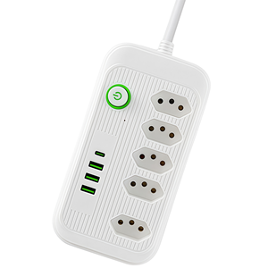 Regleta de Enchufes Brasileña NBR 14136 10A con 5 Tomas de Corriente, 4 Puertos USB y Botón de Interruptor Maestro - Centro de Carga Estándar Brasileño - Product Image 1