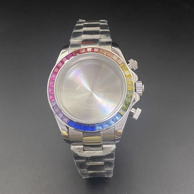 39mm Stainless Steel Case Colorful Diamond Bezel Watch VK63 Quartz Chronograph Mid-Finish Bracelet