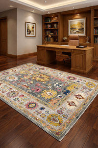 Alfombra de Diseño Turco Vintage, Estilo Oushak, Tejida a Mano, Base Gris de Lana, Motivos Florales Multicolores, Técnica de Tejido Abstracto - Product Image 3