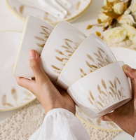 Coffret Cadeau Vaisselle en Céramique Motif Blé Porcelaine Fine Bord Doré pour Mariage et Nouveaux Acommodés