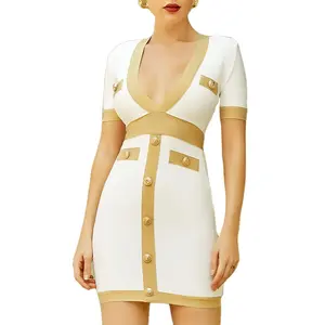 Женское модное трикотажное платье с коротким рукавом и глубоким V-образным вырезом