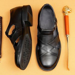 Sandales romaines pour hommes en cuir véritable respirant à bout pointu, chaussures décontractées d'extérieur pour l'automne et l'été, style plage, à lacets - Product Image 1