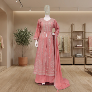 Conjunto de Kurta Anarkali Rosa para Mujer, con Palazzo y Dupatta, Bordado, Estilo Indio-Pakistaní, para Bodas, de Secado Rápido - Product Image 3