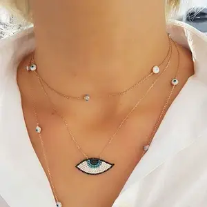 Collana con Ciondolo Occhio Turco in Turchese con Micro Pavé di Zirconi, Alta Qualità, Campione Gratuito, Spedizione Diretta - Product Image 1